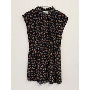 Urban Outfitters Floral Pintuck‎ Mini Dress Black Rayon Peter Pan Collar Medium